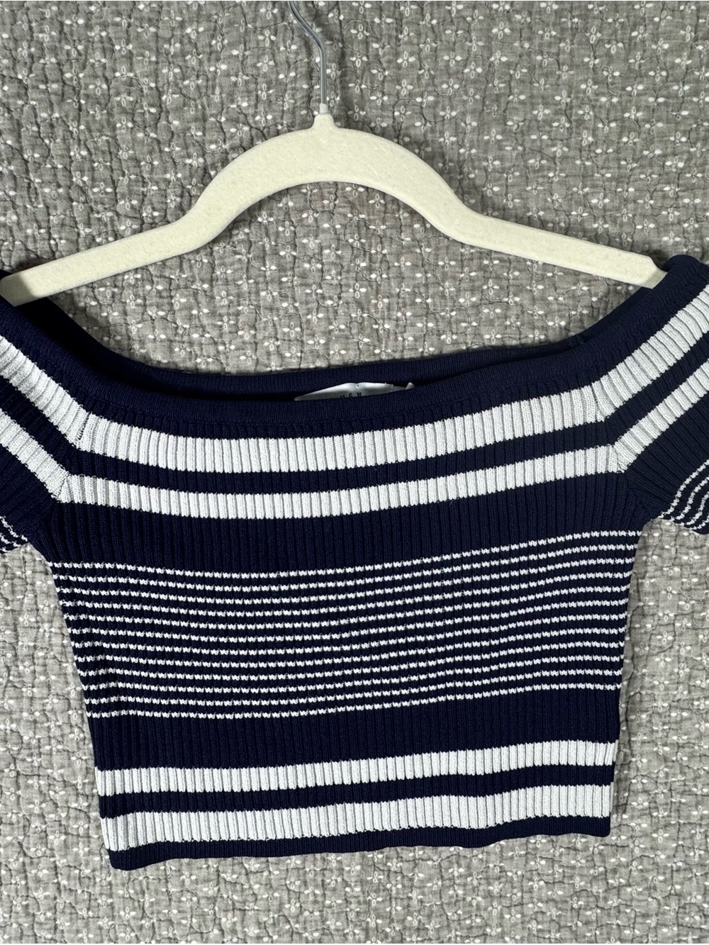 Lush Navy and White Striped Off-the-Shoulder Sweater